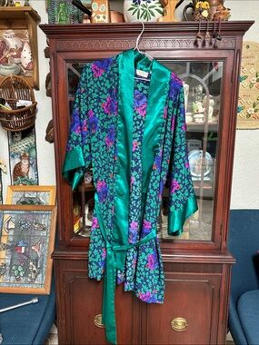 Victoria's Secret Teal Satin Trim Floral Kimono Robe - Green, Purple